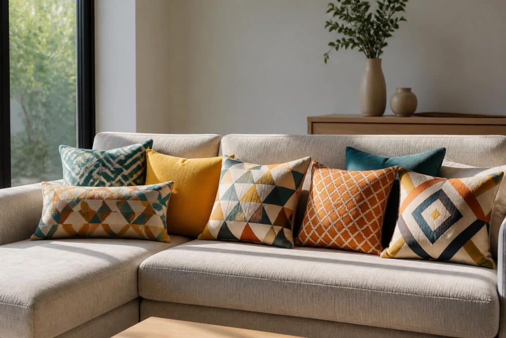 découvrez comment l'association des coussins à motifs géométriques dynamise visuellement l'assise principale, apportant style et modernité à votre décoration intérieure.
