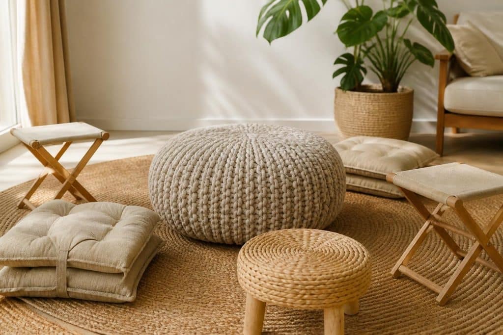 découvrez comment l'ajout d'une assise d'appoint nomade dépend de l'utilisation d'un pouf tricoté, alliant confort et design modulable pour vos espaces.