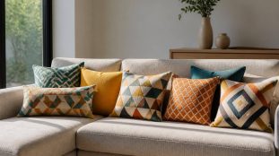 découvrez comment l'association des coussins à motifs géométriques dynamise visuellement l'assise principale, apportant style et modernité à votre décoration intérieure.