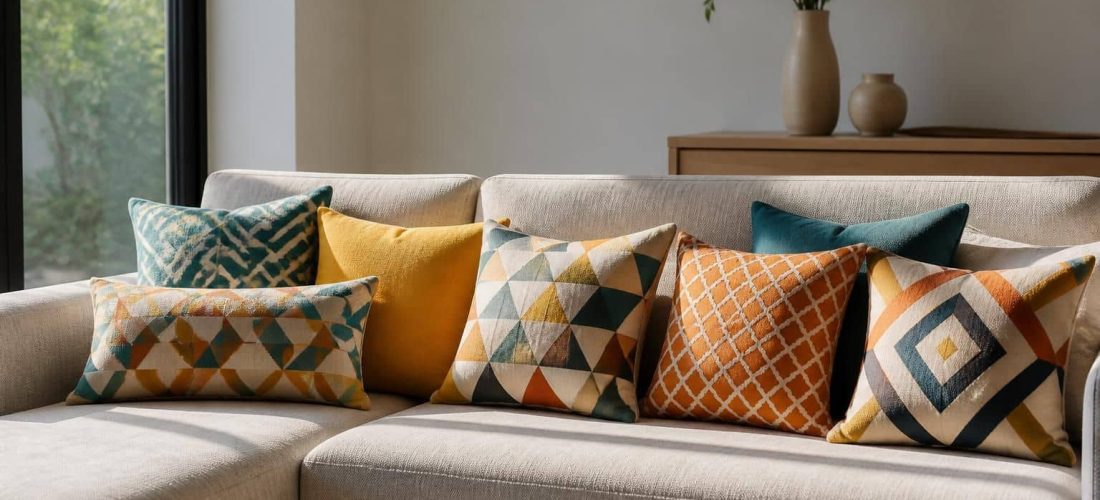 découvrez comment l'association des coussins à motifs géométriques dynamise visuellement l'assise principale, apportant style et modernité à votre décoration intérieure.